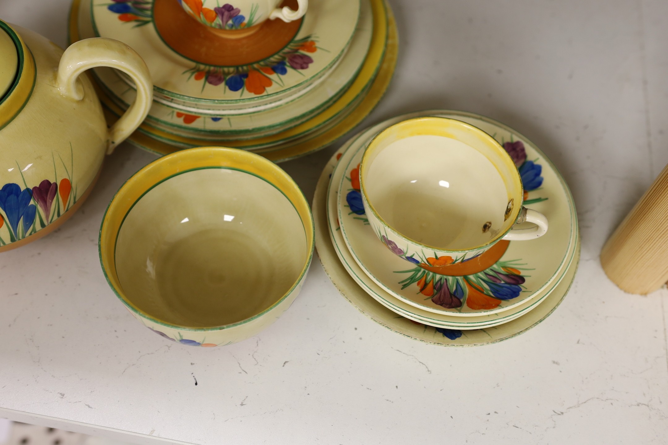 A group of Clarice Cliff crocus pattern tea wares, teapot 22 cm across